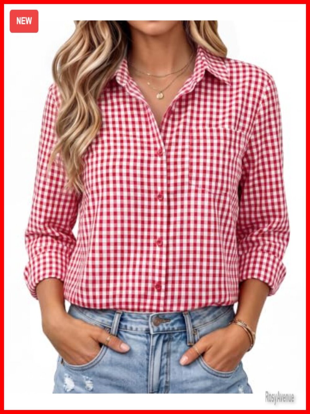 Women's Cotton Gingham Button Down Shirt Long Sleeve Collared Plaid Top